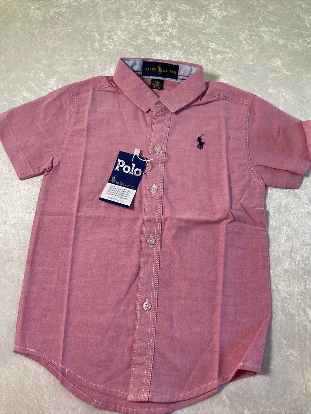 Ralph Lauren Boys' Short Sleeve Button-Down Shirt - Pink with Navy Pony